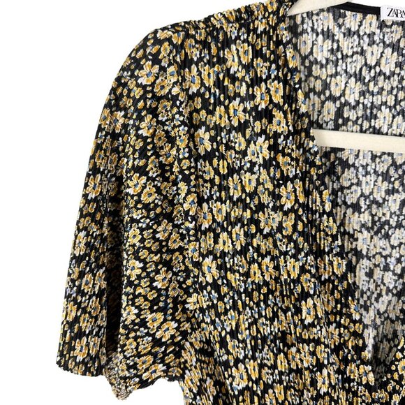 Zara Black & Yellow Floral Printed Crinkle Wide Leg Belted Jumpsuit Size Small - Picture 6 of 14